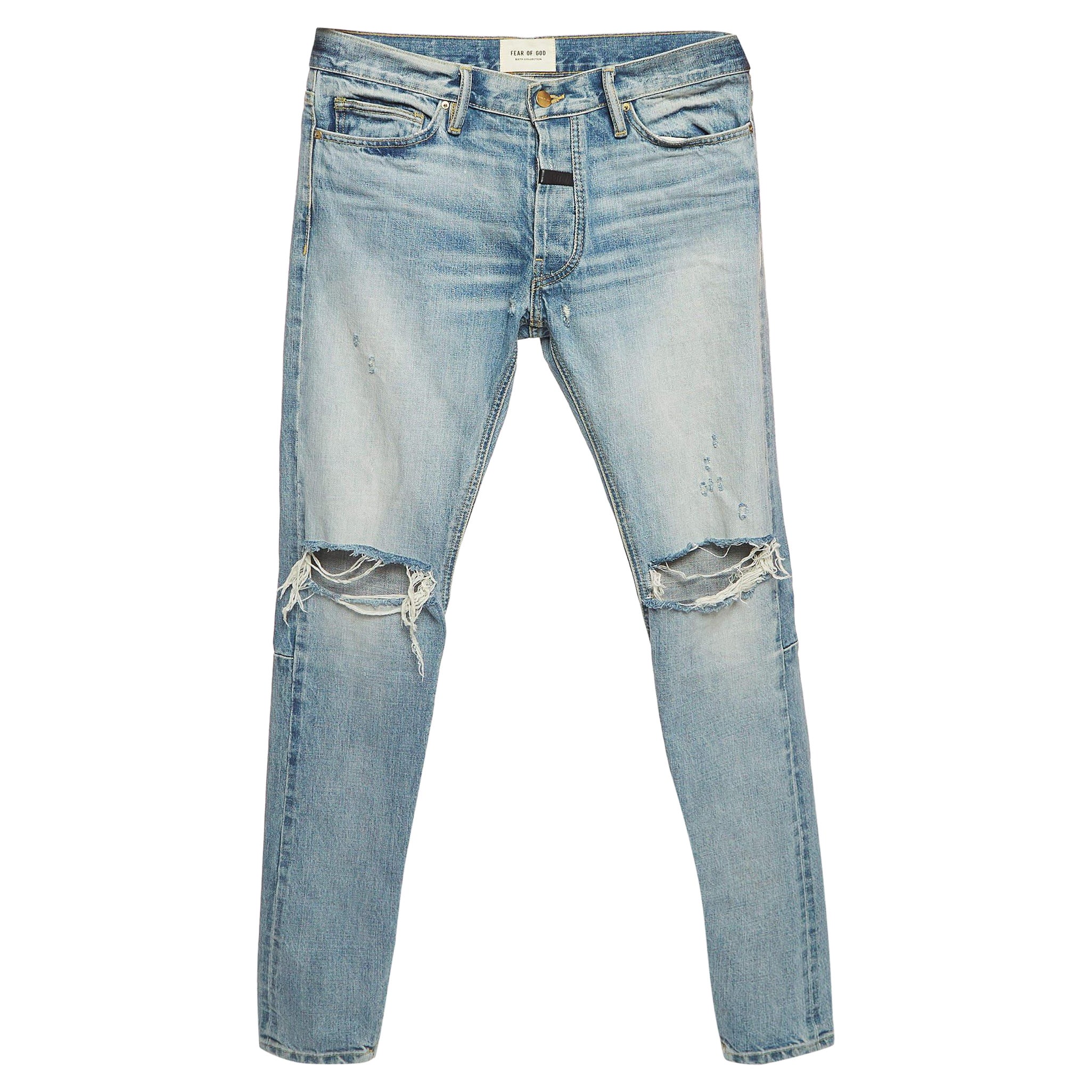 Fear of God Blue Denim Knee Ripped Jeans M Waist 33

