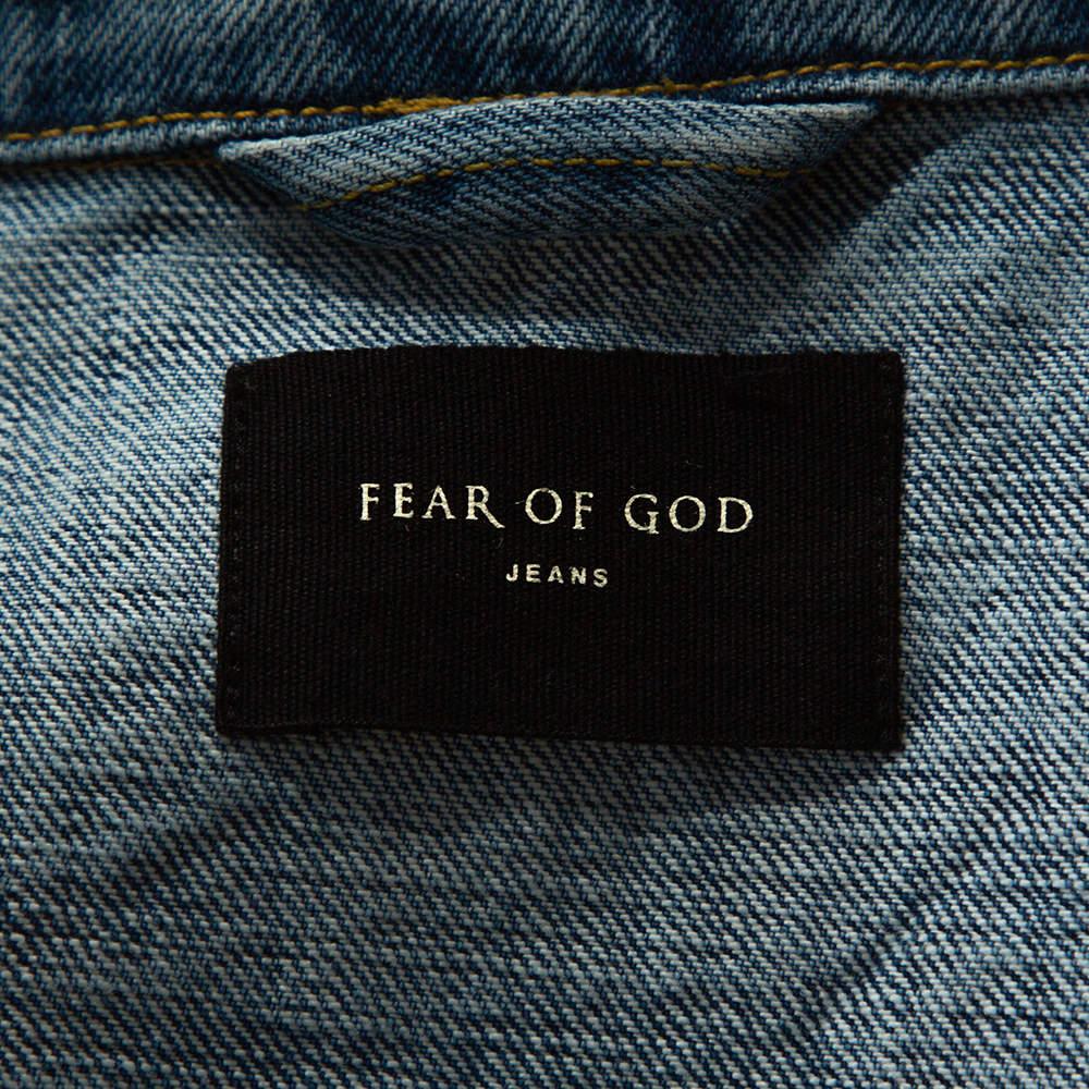 Fear Of God Fifth Collection Indigo Acid Wash Denim Trucker Jacket M For Sale 2
