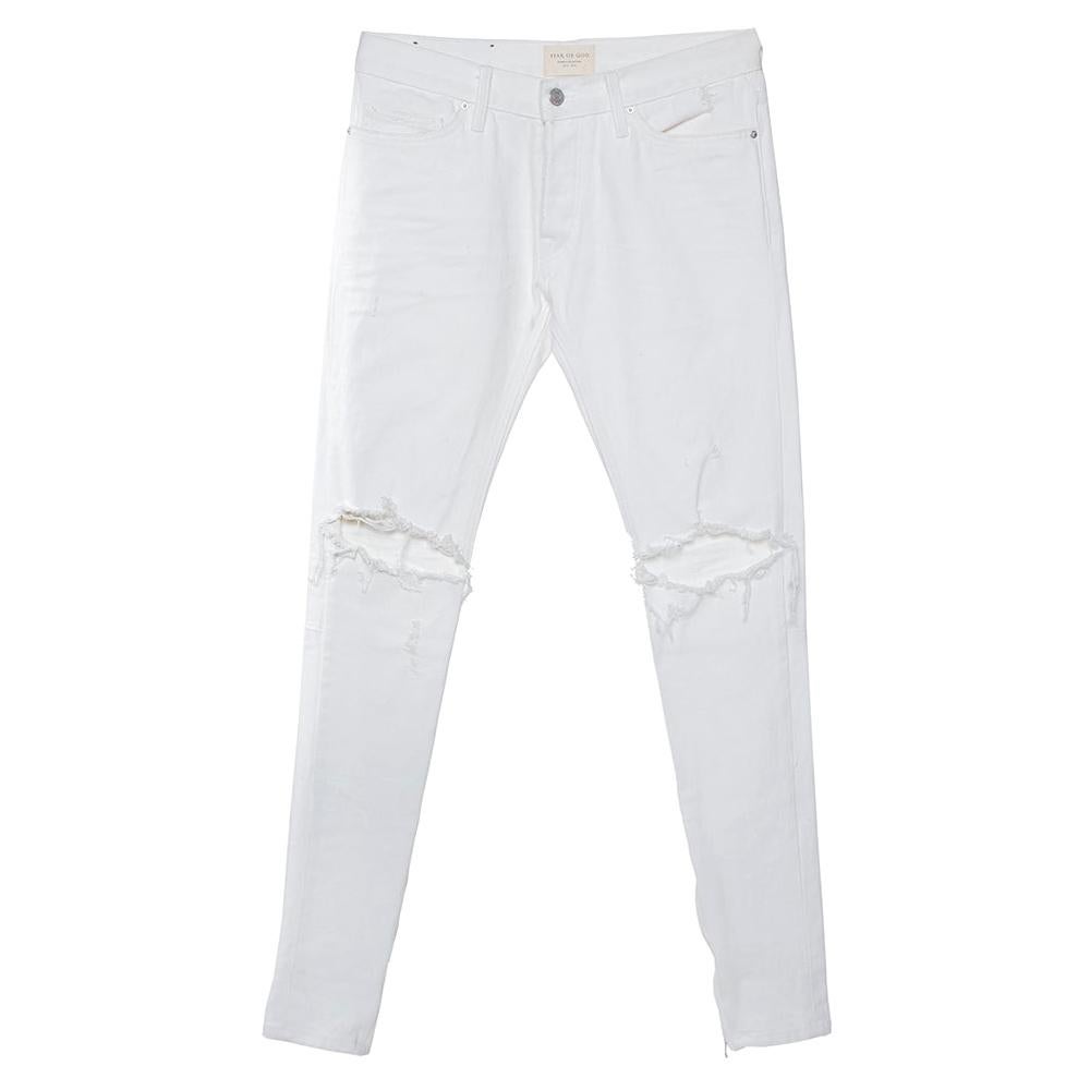 White Distressed Denim Selvedge Jeans M 