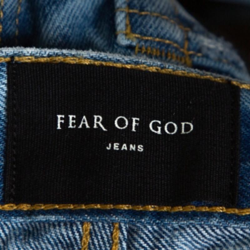 Bleu Fear of God Indigo Acid Washed Denim Slim Fit Selvedge Jeans M en vente