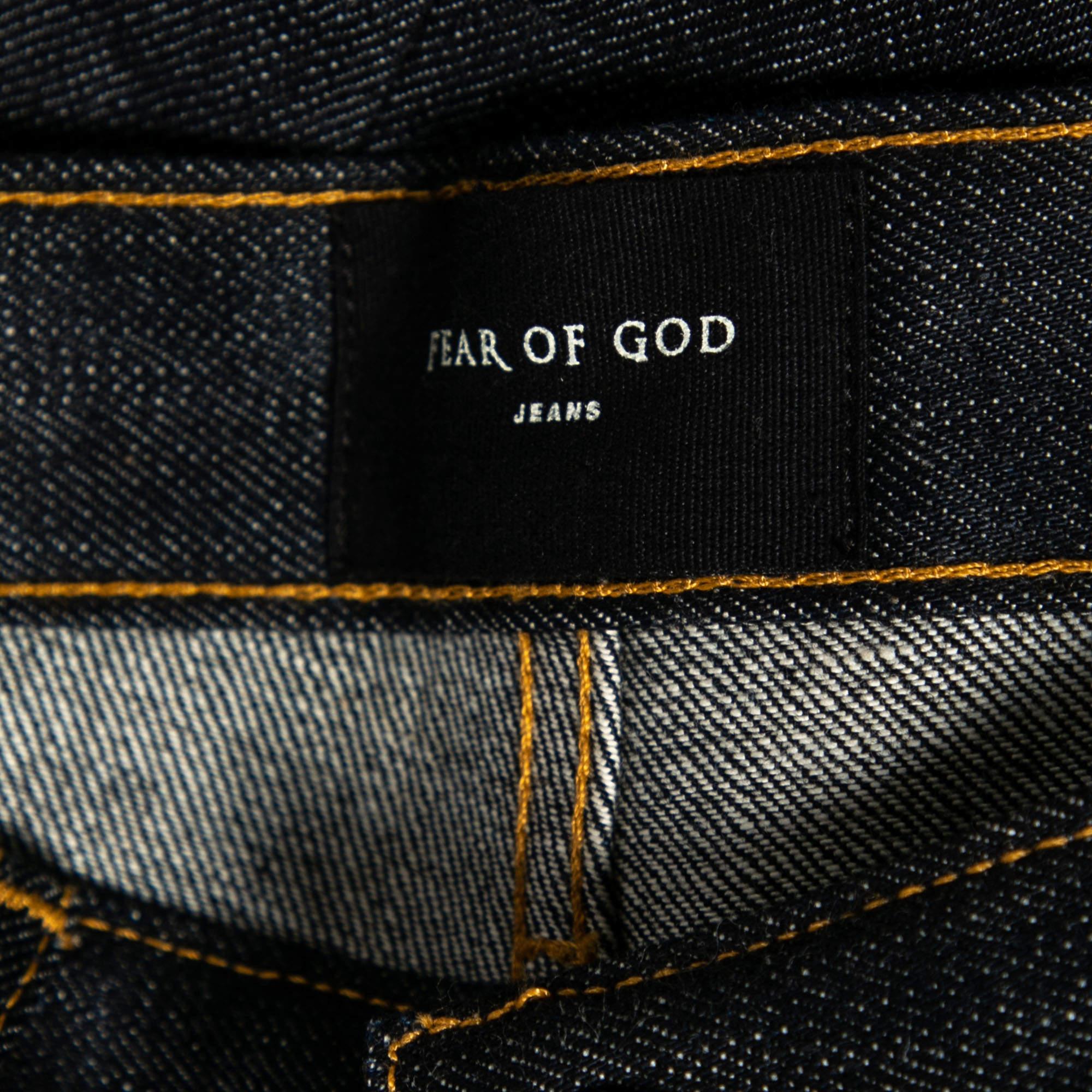 Men's Fear of God Navy Blue Denim Zipped Hem Slim Fit Jeans M For Sale