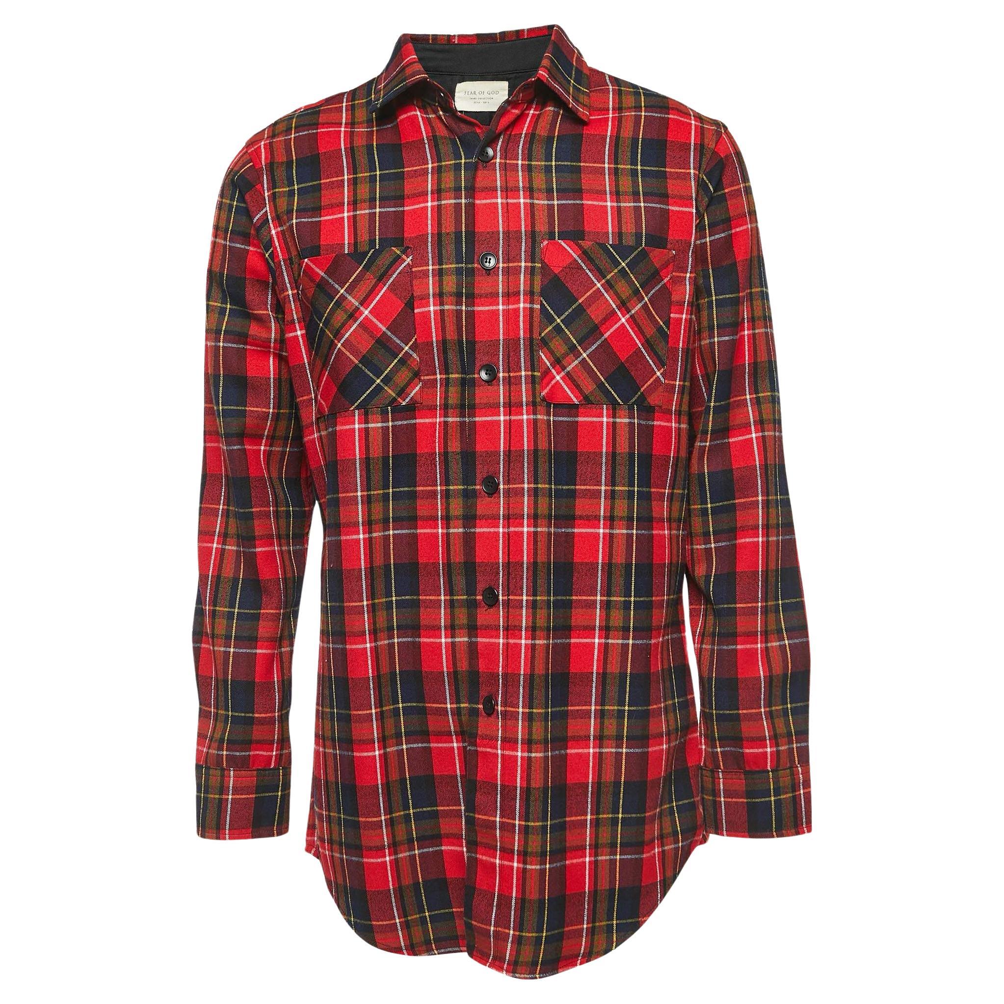 Fear of God Red Plaid Cotton Button Front Full Sleeve Shirt L For Sale