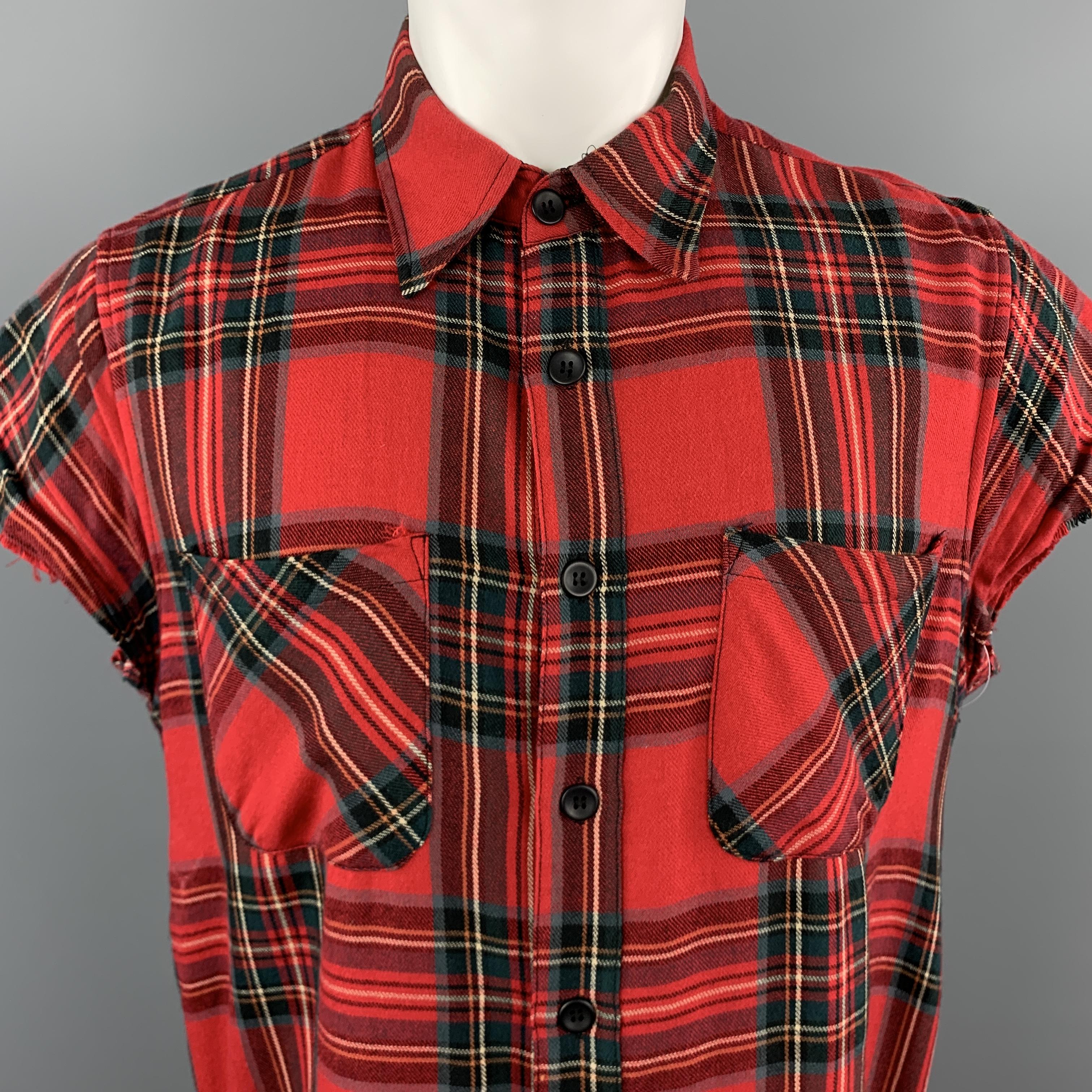 FEAR OF GOD Second Collection 2013-2014 flannel come sin red plaid cotton wool blend tartain with a pointed collar, double patch breast pockets, raw edge cropped sleeves, and side zips. Made in USA.

Excellent Pre-Owned Condition.
Marked: