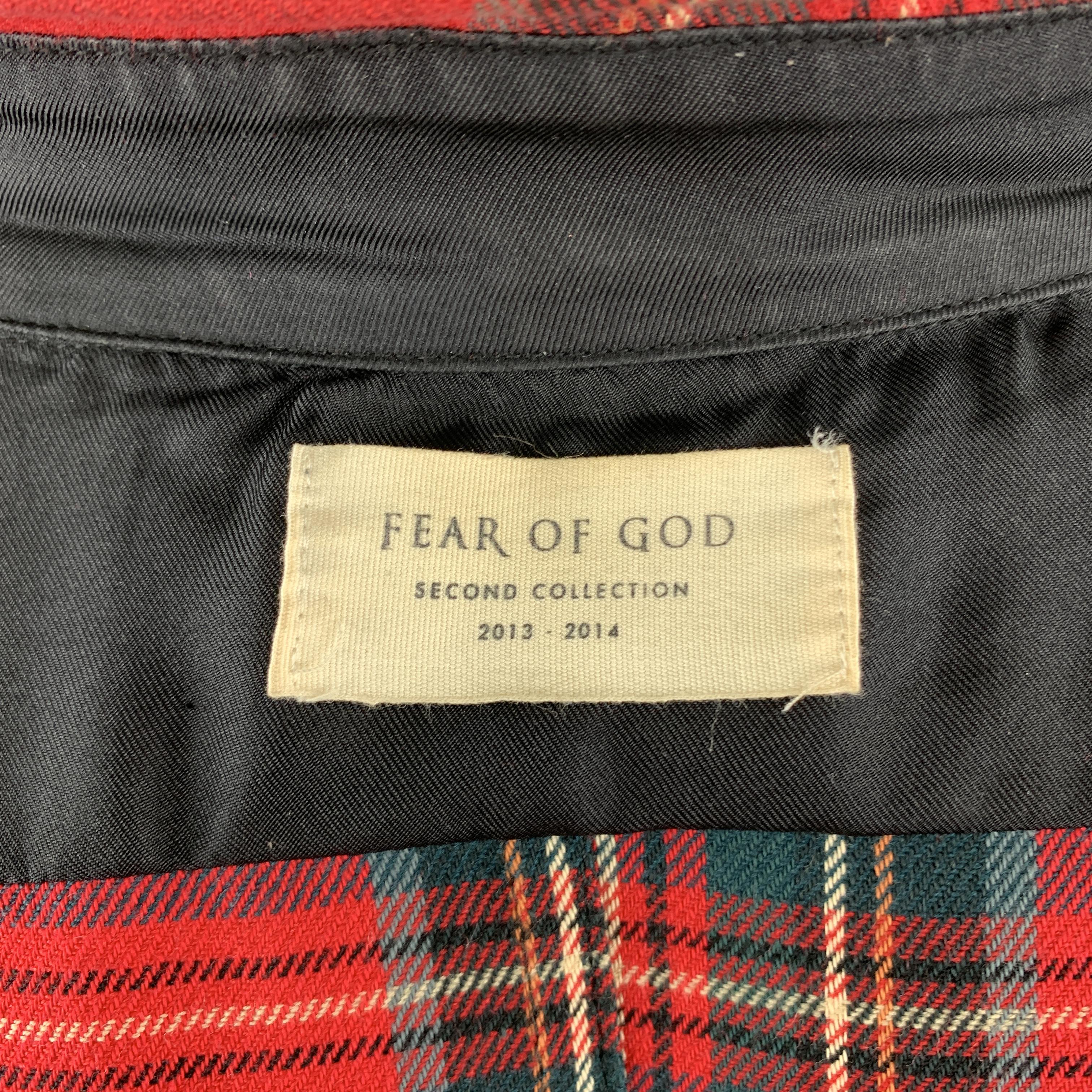 FEAR OF GOD Size M Red Plaid Cotton / Wool Button Up Short Sleeve Flannel Shirt In Excellent Condition In San Francisco, CA