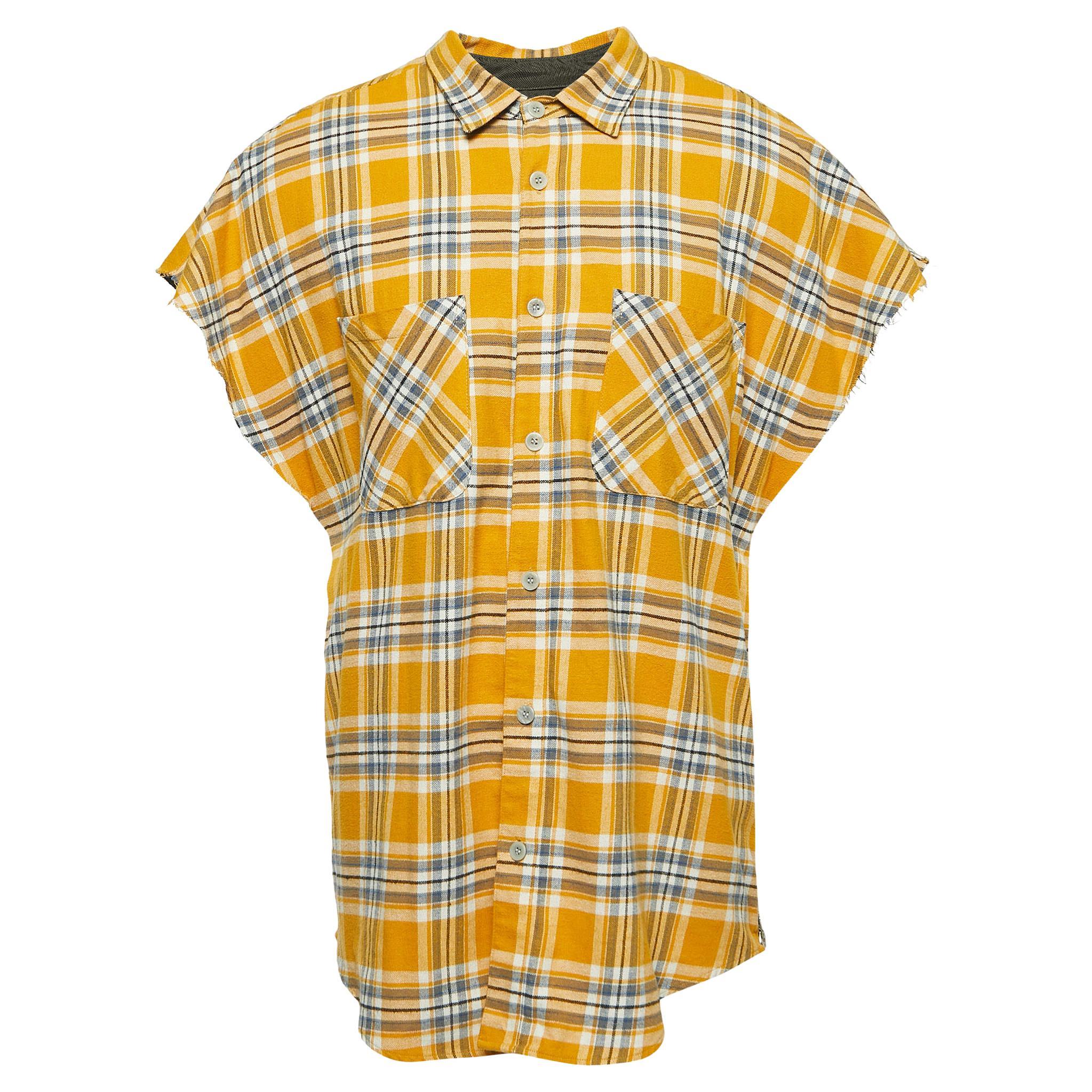 Fear of God Yellow Tartan Wool Button Front Cutoff Shirt XXL For Sale