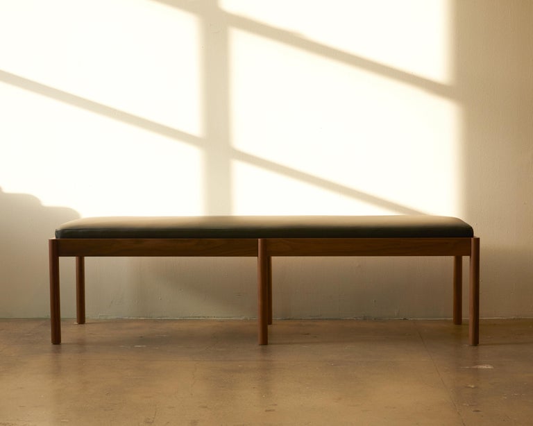 Hand-Crafted Feast Bench in solid wood and upholstery by Bowen Liu For Sale