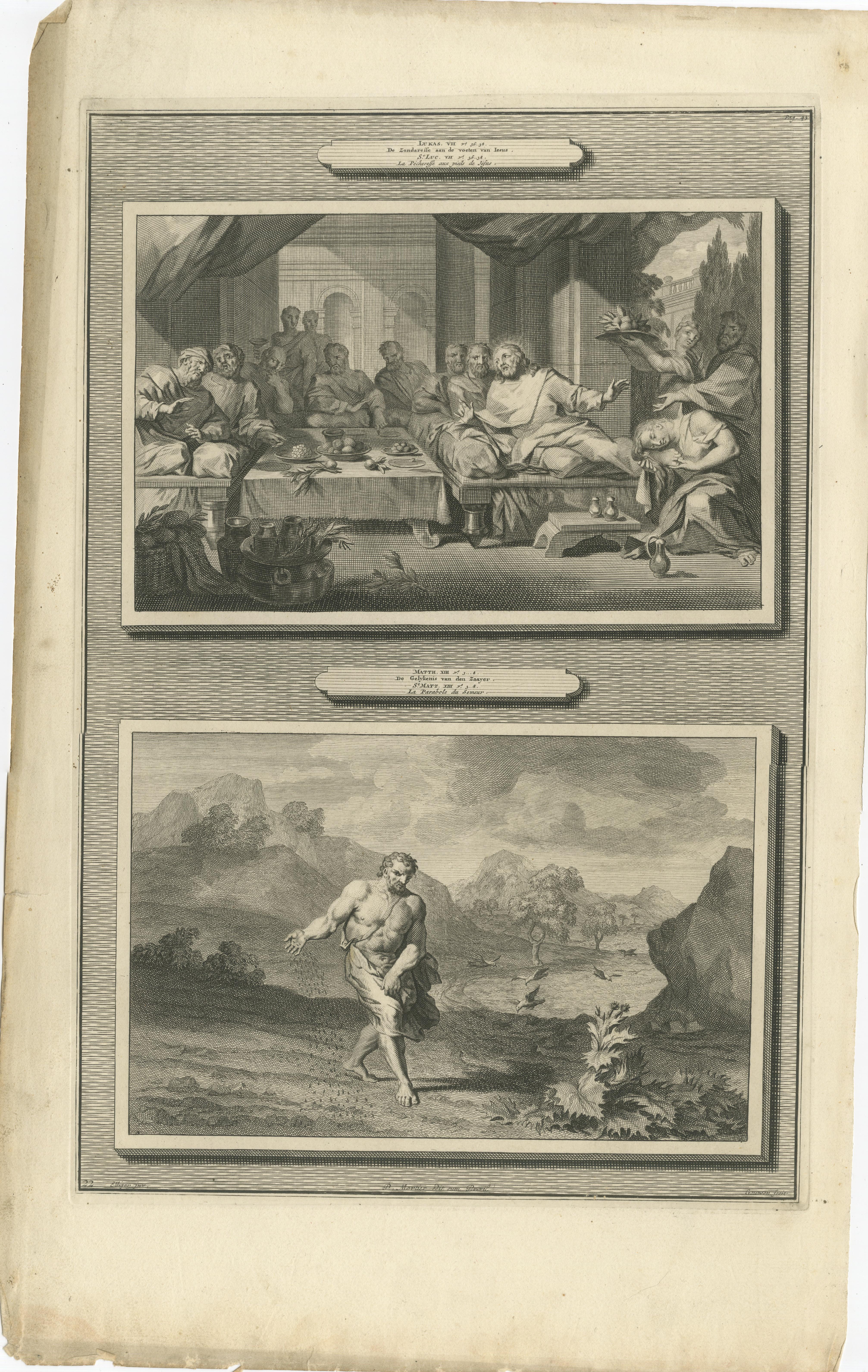 Fest im Hause Simon & Gleichnis vom Sämann, Pieter Mortier, ca. 1700

Antiker Originalstich aus Histoire du Vieux et du Nouveau Testament, veröffentlicht in Amsterdam von Pieter Mortier um 1700. Die Tafel zeigt zwei Episoden aus den Evangelien, die