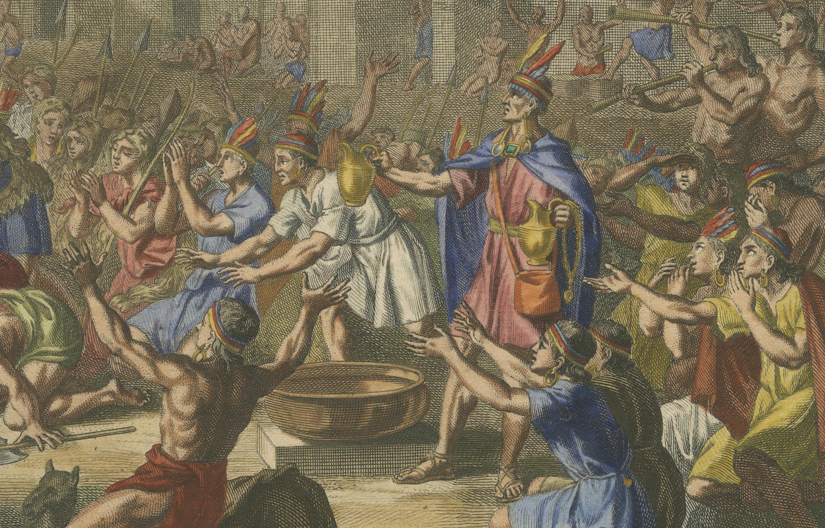 This engraving, part of the 18th-century work *Cérémonies et Coutumes Religieuses...* by A. Moubach and illustrated by Bernard Picart, depicts two scenes related to Inca religious rituals honoring the Sun in Peru.

1. The upper image shows the