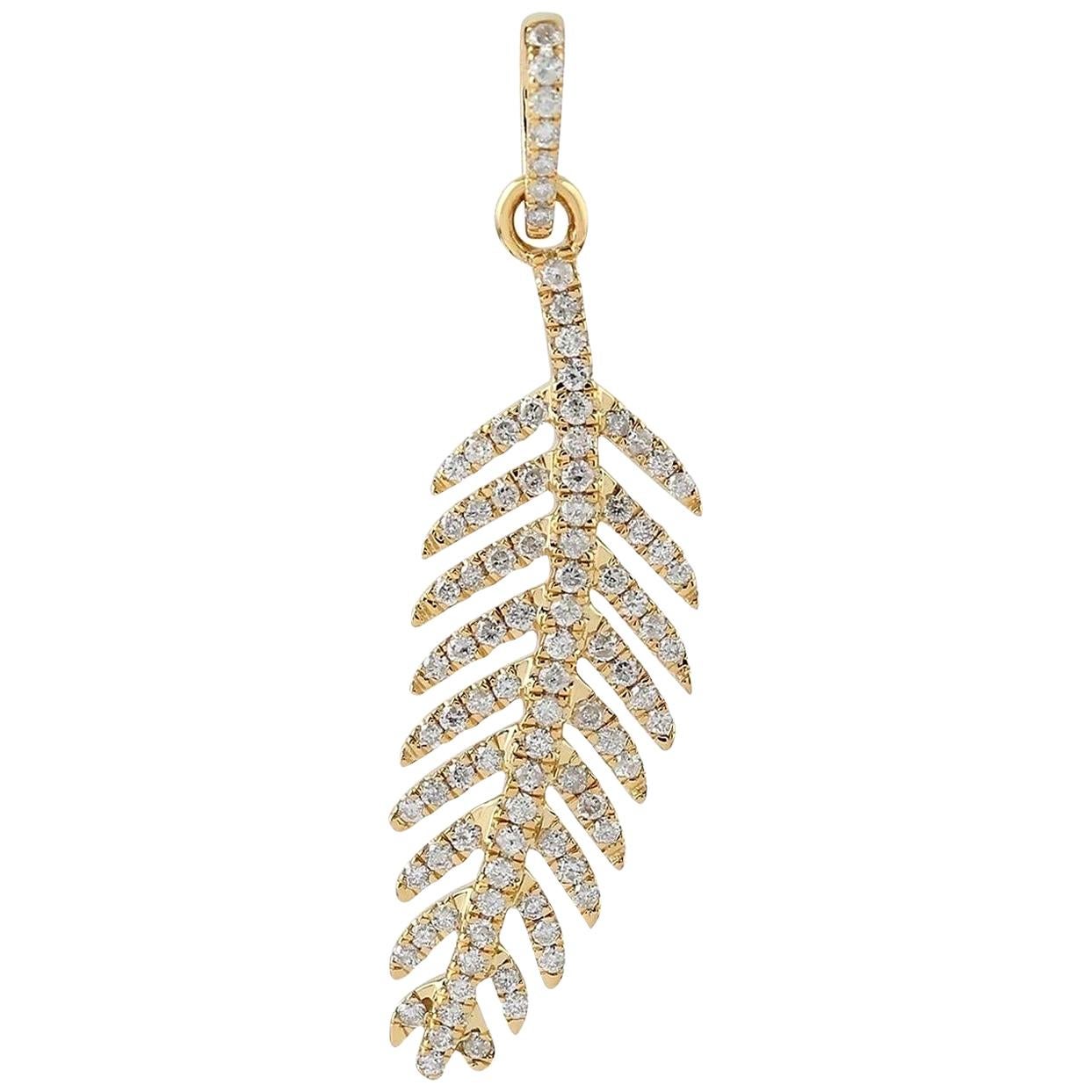 Feather 14 Karat Gold Charm Diamond Pendant Necklace For Sale