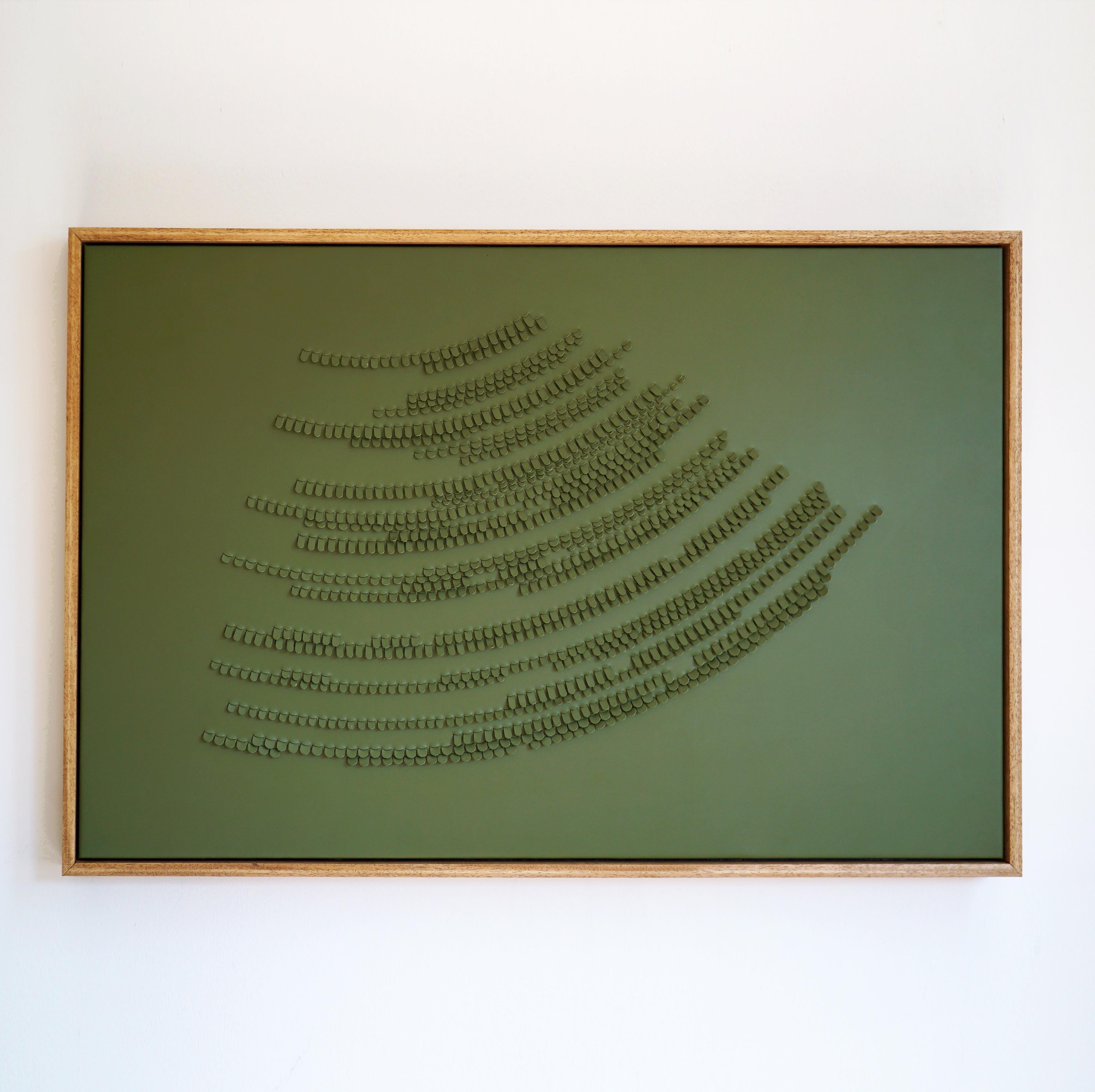 Feather

A piece of 3D sculptural wall art designed and made from two layers of olive leather, woven together by Louise Heighes.
Measurements are 45 x 29 inches or 114 x 74 cm.
 
This piece is inspired by the subtle changes in the size and