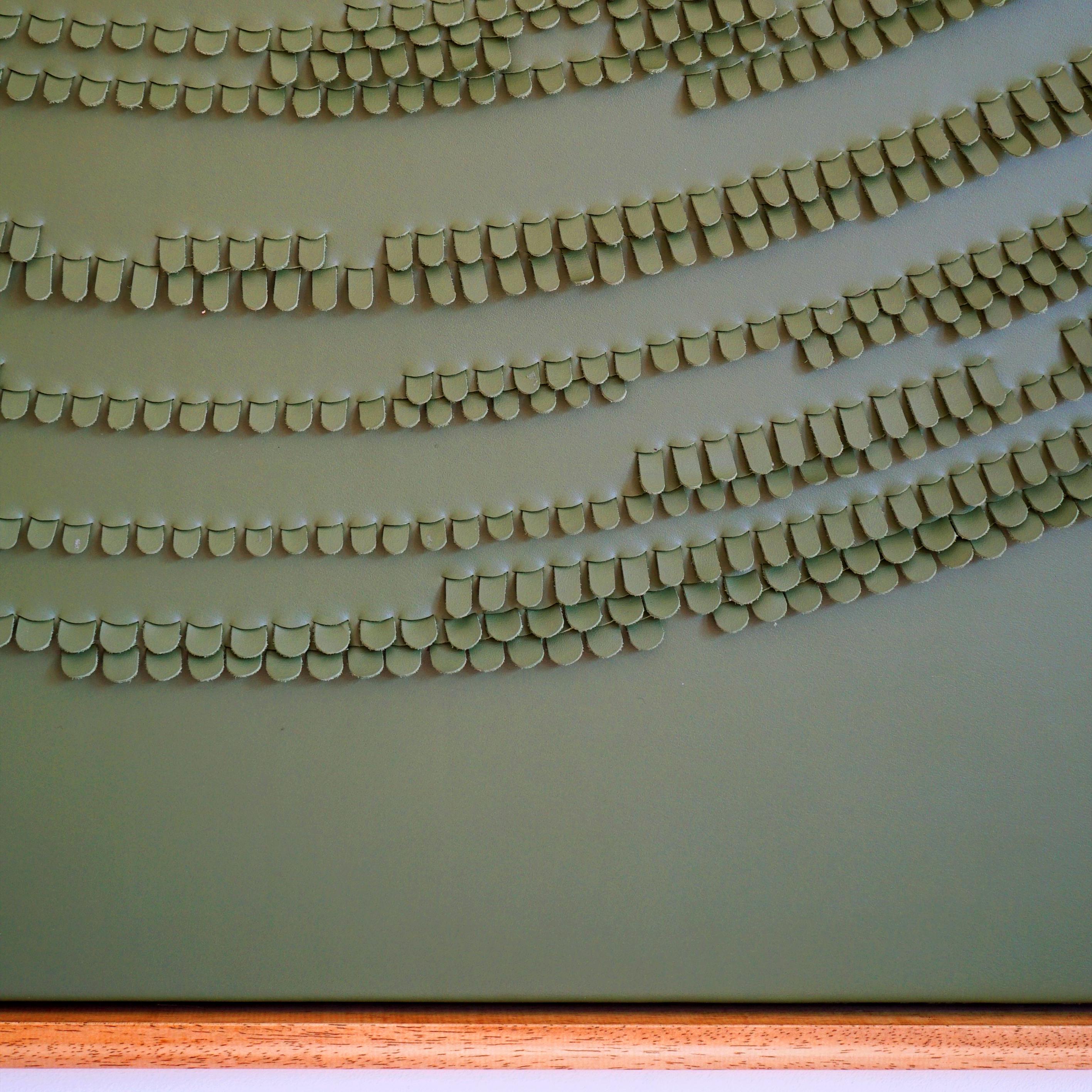 Modern Feather. a Piece of 3d Sculptural Olive Green Leather Wall Art For Sale