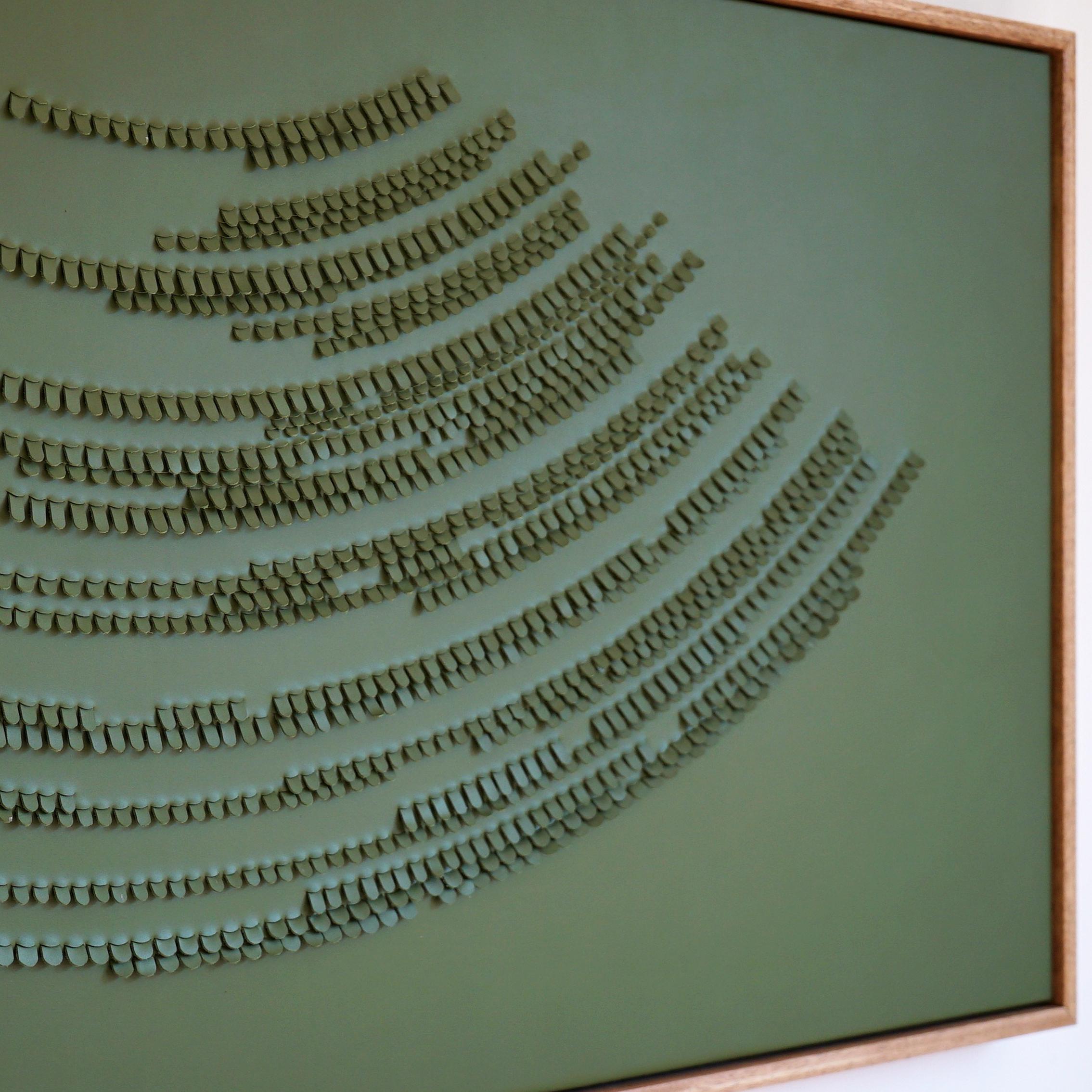British Feather. a Piece of 3d Sculptural Olive Green Leather Wall Art For Sale