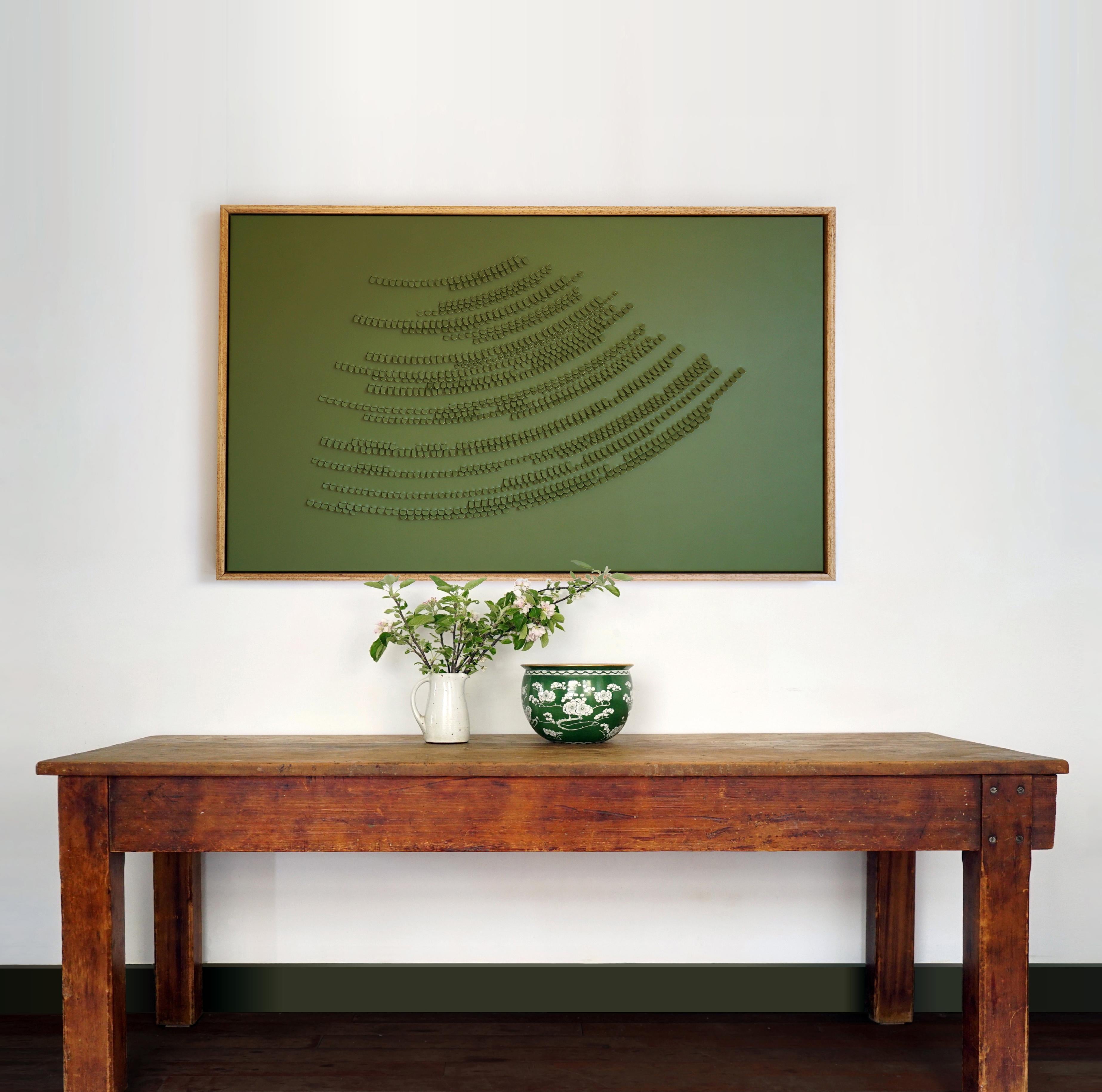 Other Feather. a Piece of 3d Sculptural Olive Green Leather Wall Art For Sale