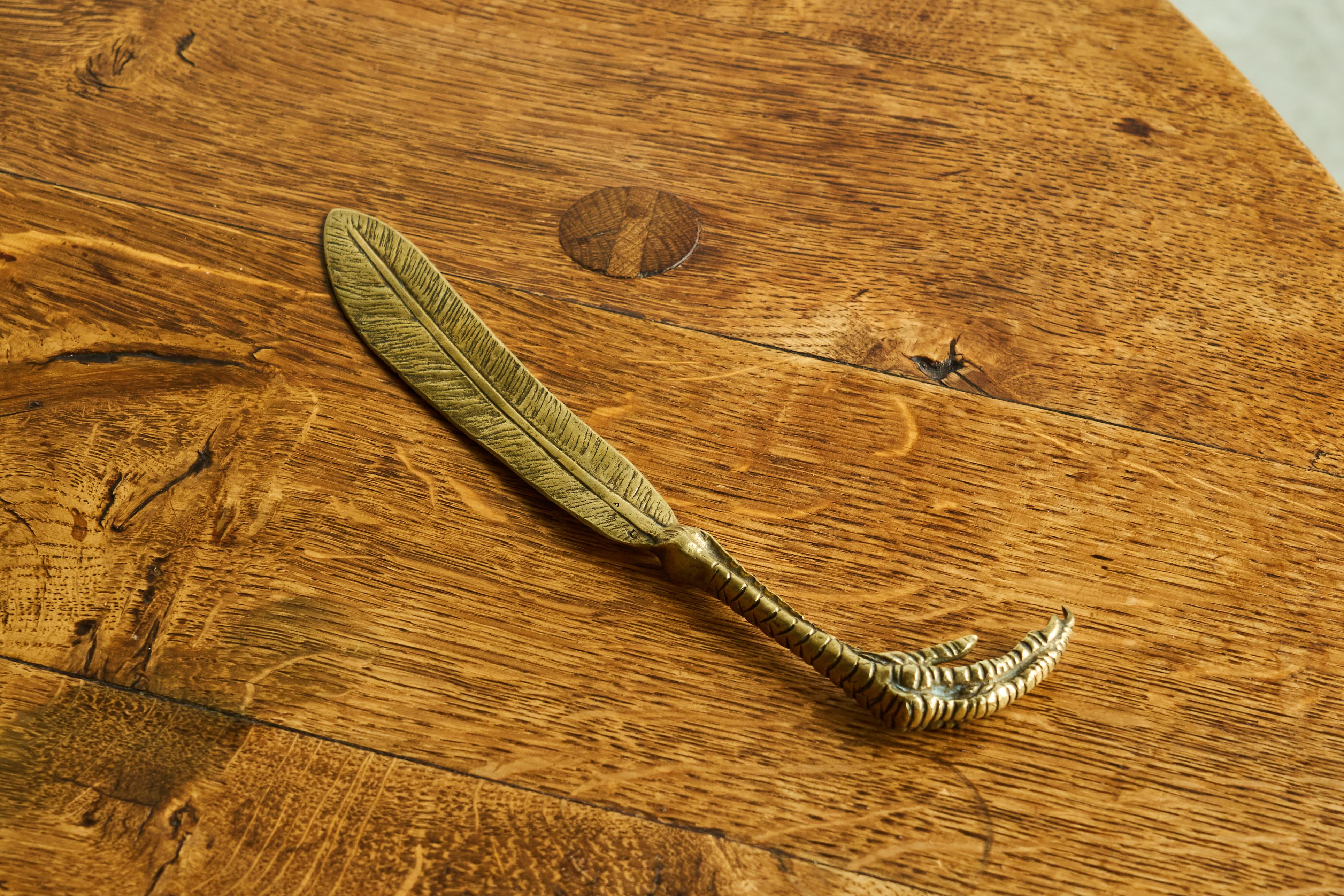 European Feather and Claw Shaped Letter Opener in Patinated Sand Cast Brass 1960s For Sale