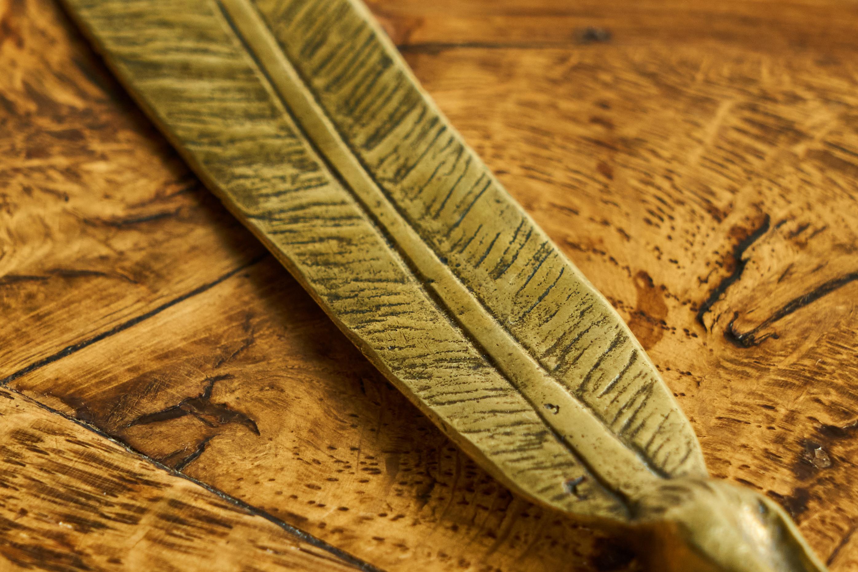 20th Century Feather and Claw Shaped Letter Opener in Patinated Sand Cast Brass 1960s For Sale