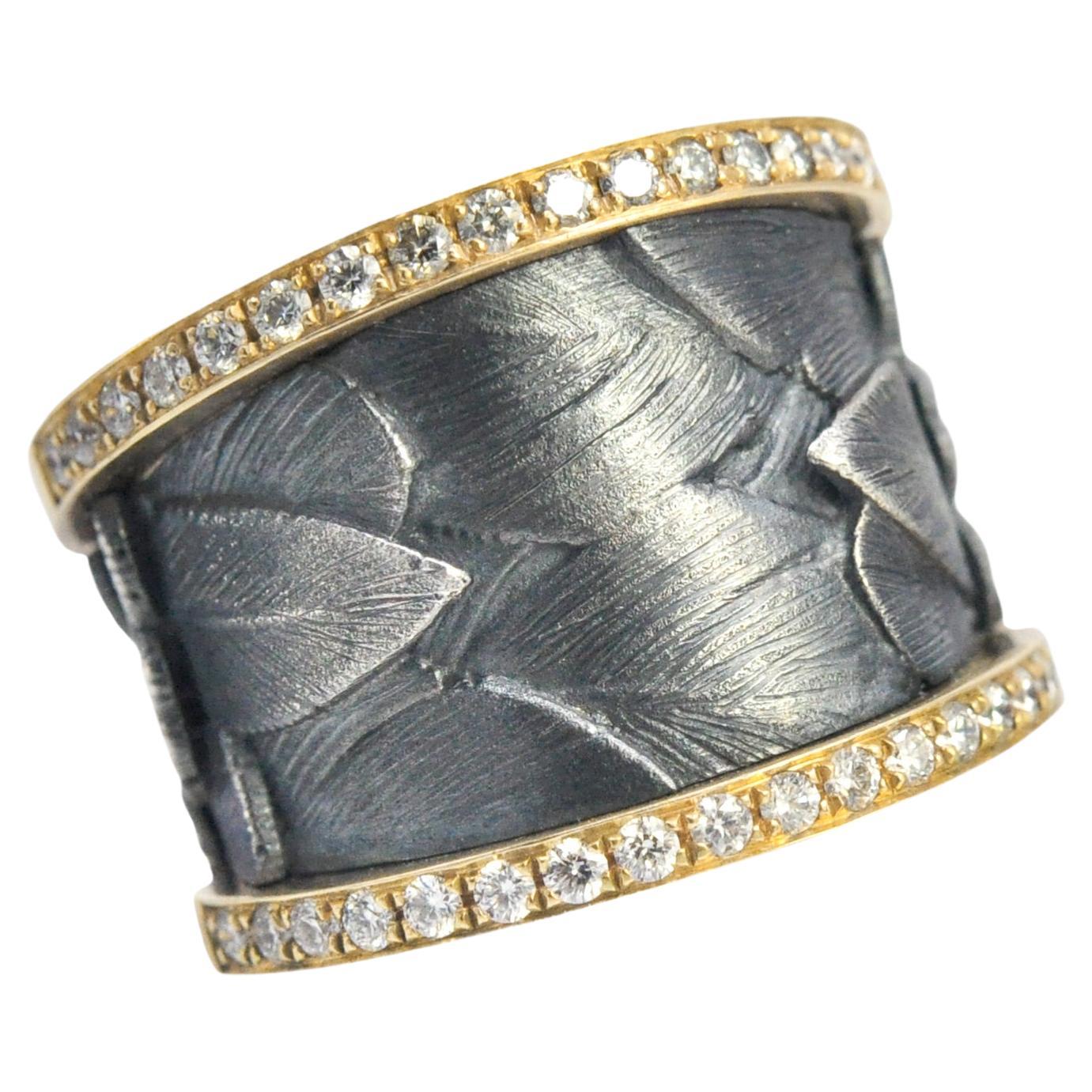 For Sale:  Feather Band in Oxidized Silver with Pave Diamond Edges