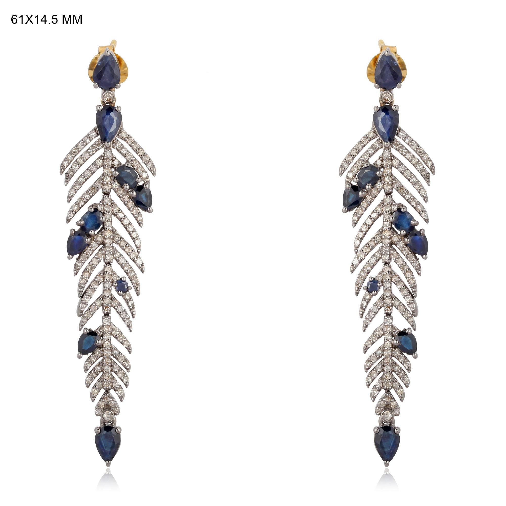 Modern Feather Blue Sapphire Diamond Drop Earrings For Sale