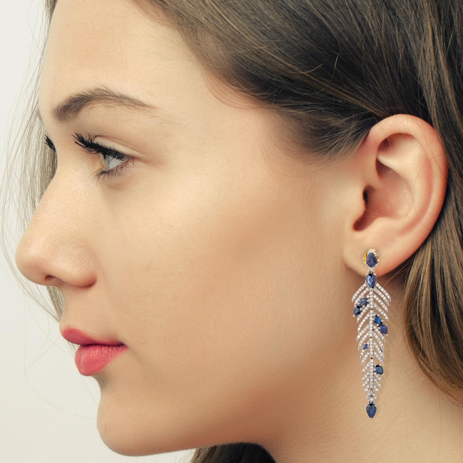 Single Cut Feather Blue Sapphire Diamond Drop Earrings For Sale
