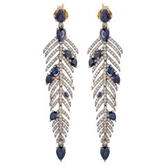 Feather Blue Sapphire Diamond Drop Earrings