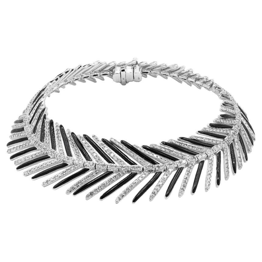 Feather  Bracelet in 18k White Gold, Silver, Diamonds and Enamel For Sale