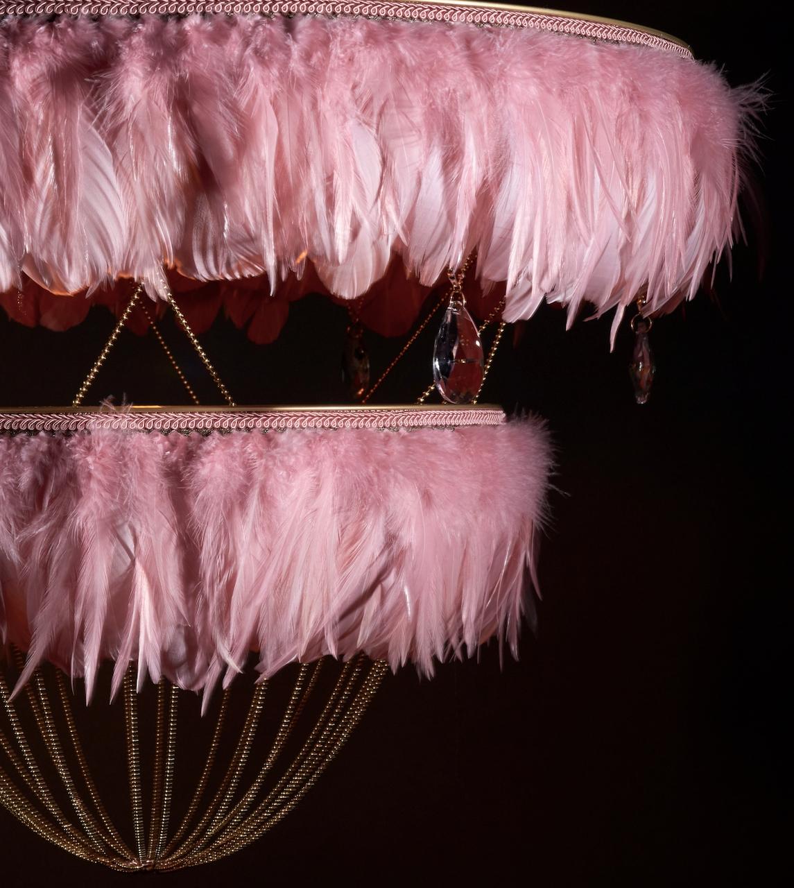 Contemporary Feather Chandelier in Flamingo Pink  - Bertie -  Hand Made to order in London.  For Sale