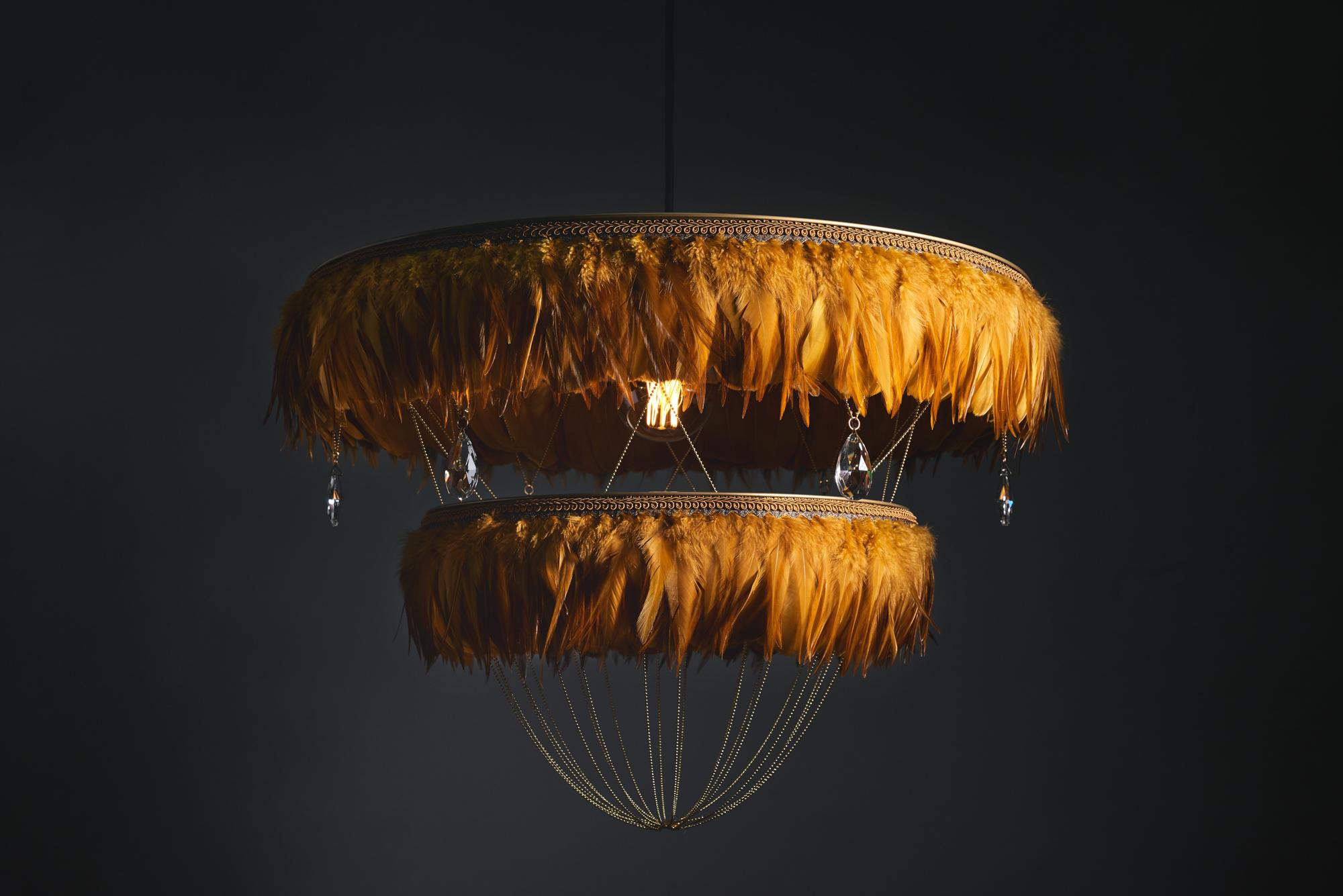 Contemporary Feather Chandelier in Mustard Yellow - Bertie -  Hand Made to order in London.  For Sale