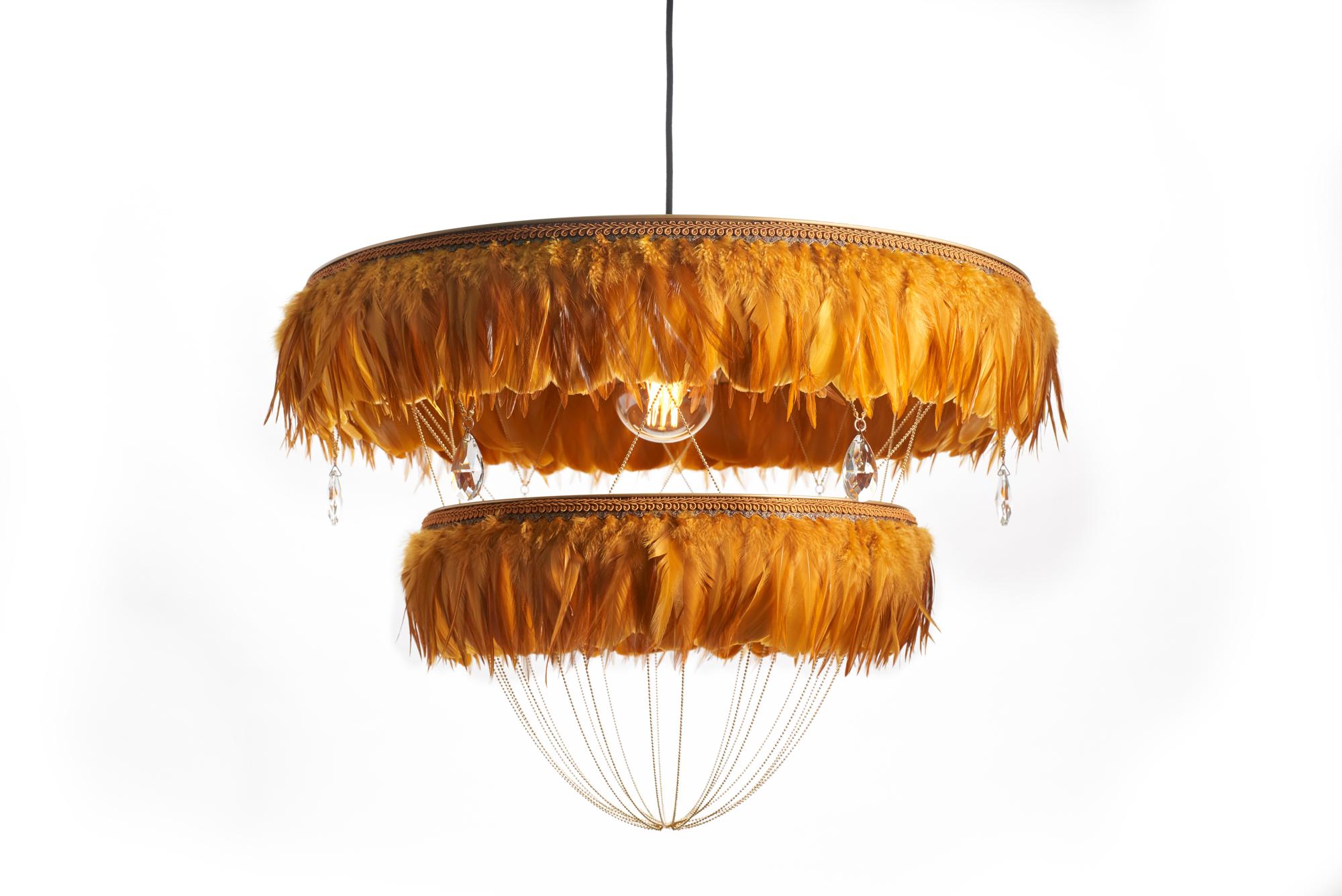 Feathers Feather Chandelier in Mustard Yellow - Bertie -  Hand Made to order in London.  For Sale