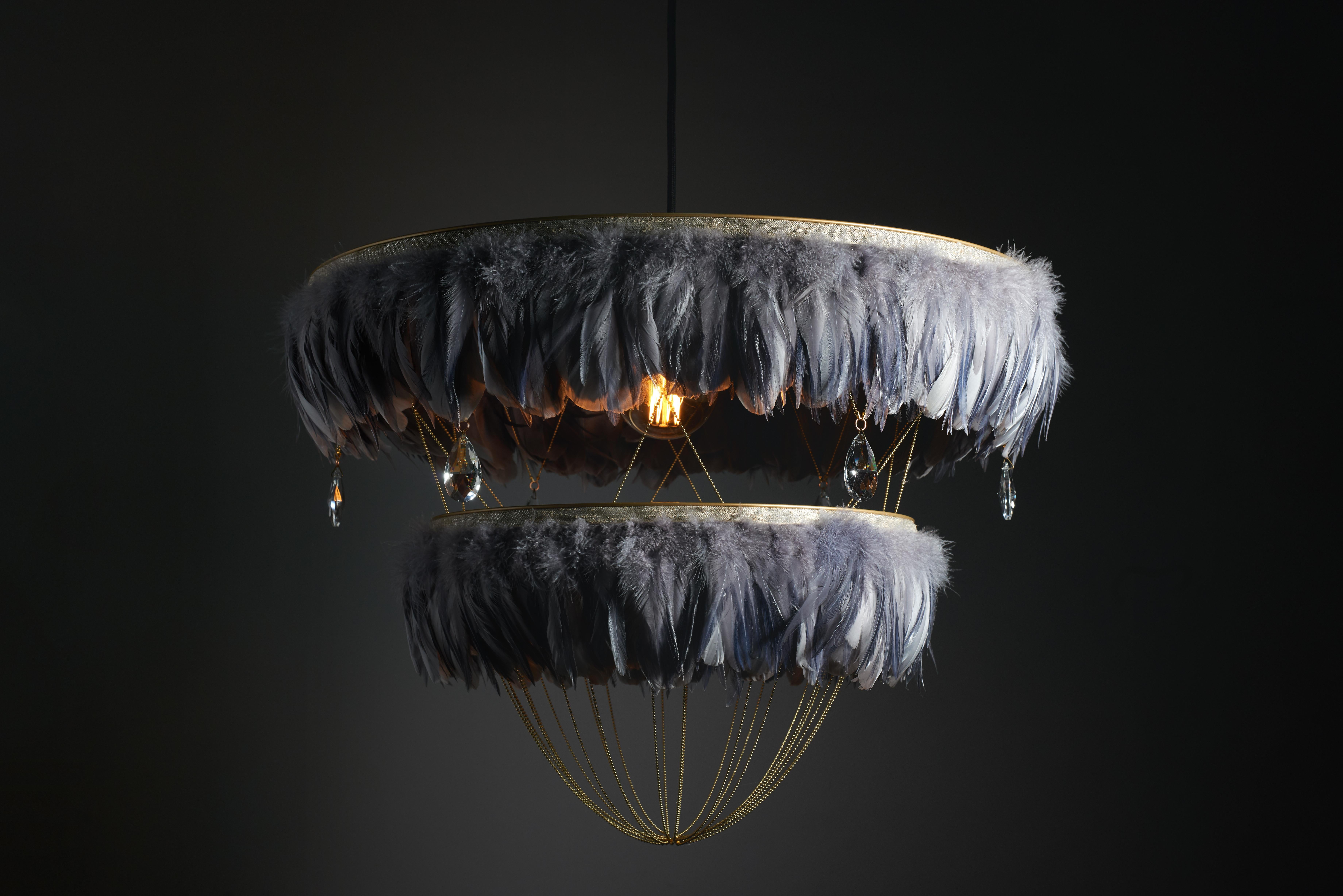 Dyed Feather Chandelier in Two Tone Grey - Bertie -  Hand Made to order in London.  For Sale