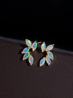 Feather Design Australian Solid Opal Stud Earrings 14K Yellow Gold