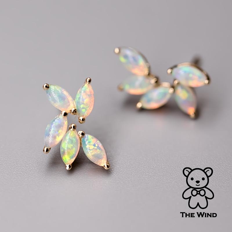 Brilliant Cut Feather Design Australian Solid Opal Stud Earrings 14K Yellow Gold For Sale