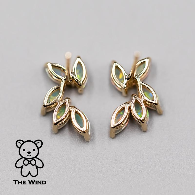 Feather Design Australian Solid Opal Stud Earrings 14K Yellow Gold In New Condition For Sale In Suwanee, GA