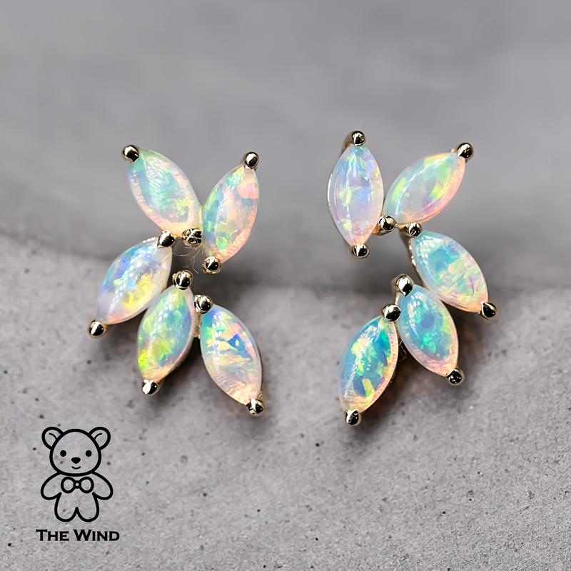 Women's or Men's Feather Design Australian Solid Opal Stud Earrings 14K Yellow Gold For Sale