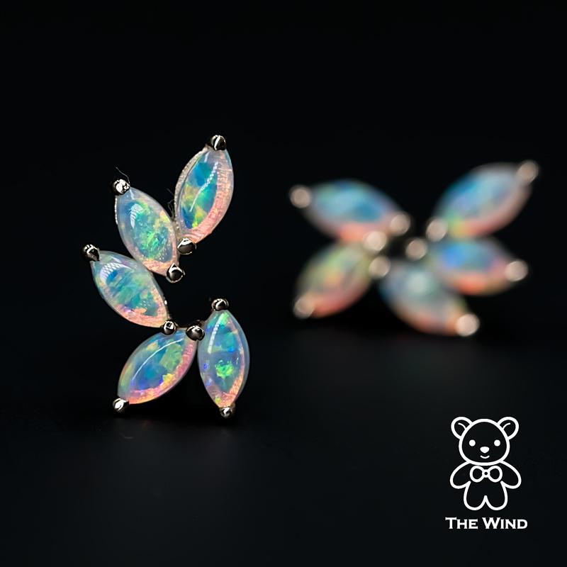 Feather Design Australian Solid Opal Stud Earrings 14K Yellow Gold For Sale 1