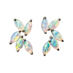 Feather Design Australian Solid Opal Stud Earrings 14K Yellow Gold