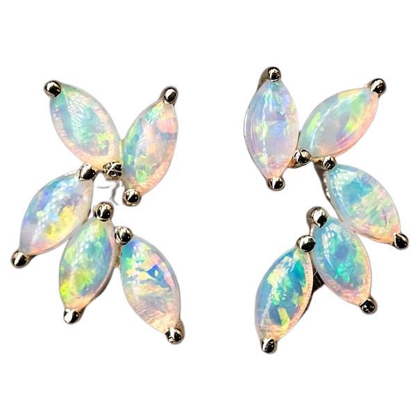Feather Design Australian Solid Opal Stud Earrings 14K Yellow Gold For Sale