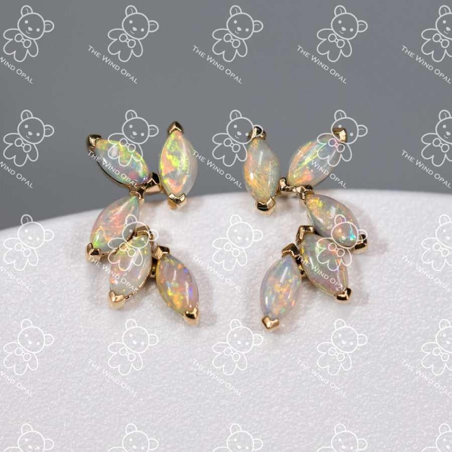 Brilliant Cut Feather Design Australian Solid Opal Stud Earrings 18K Yellow Gold For Sale