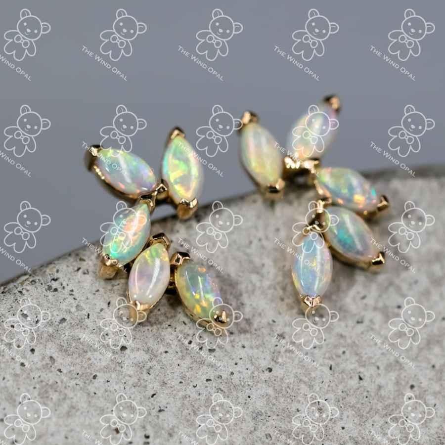 Women's or Men's Feather Design Australian Solid Opal Stud Earrings 18K Yellow Gold For Sale