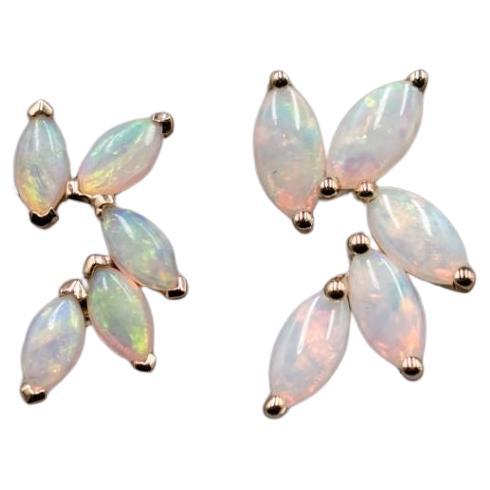 Feather Design Australian Solid Opal Stud Earrings 18K Yellow Gold For Sale