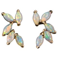 Feather Design Australian Solid Opal Stud Earrings 18K Yellow Gold