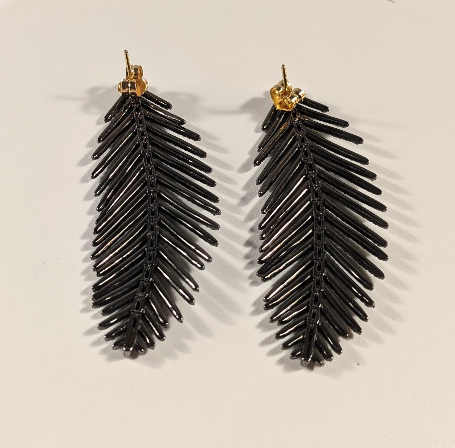 Contemporary Feather Earrings in 18k  Gold, Silver, Diamonds and Tsavorites For Sale