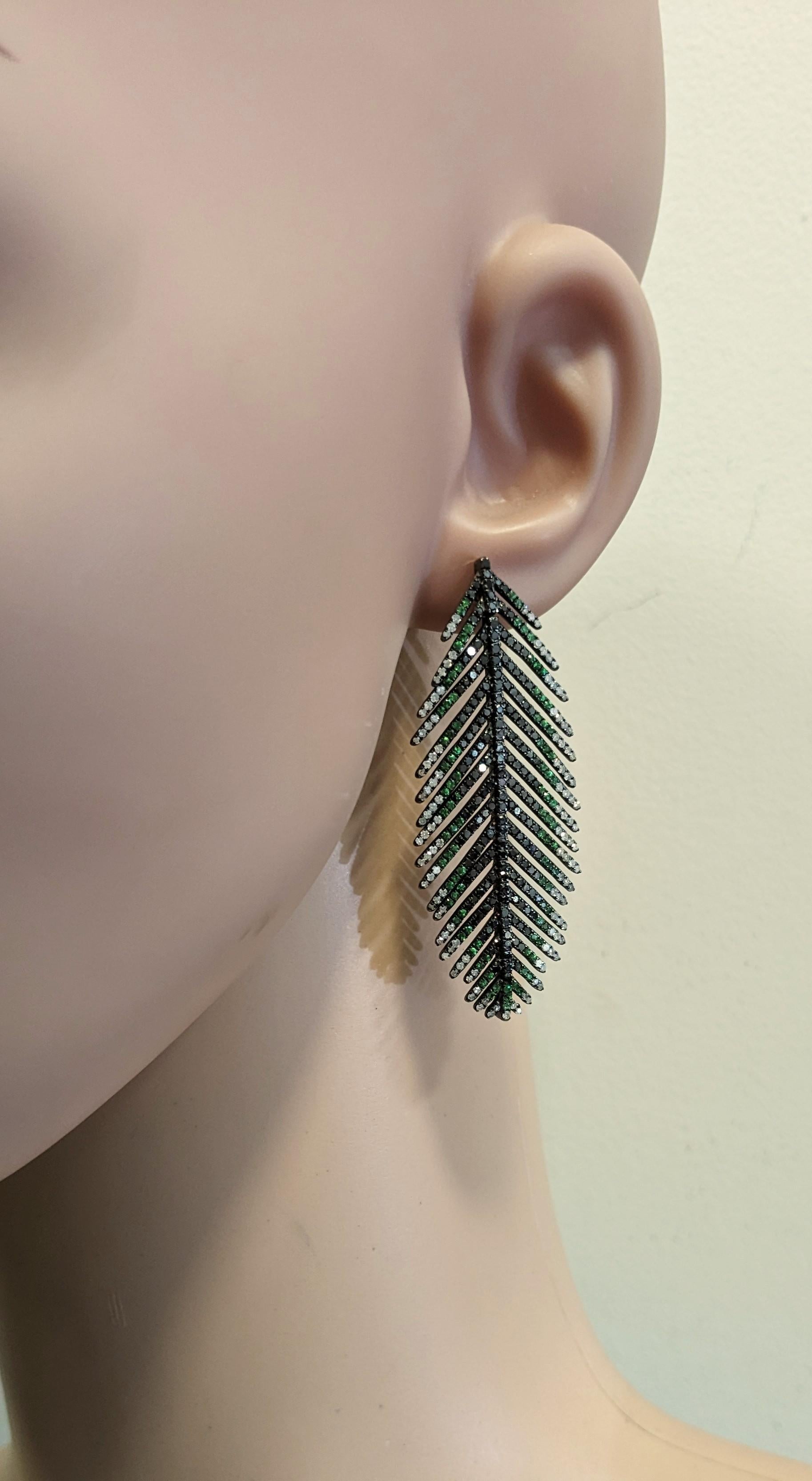 Brilliant Cut Feather Earrings in 18k  Gold, Silver, Diamonds and Tsavorites For Sale