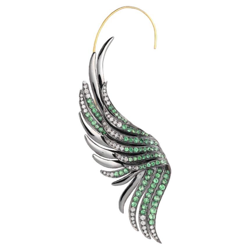 Feather Cuff Earrings in 18k Gold, Silver, Diamonds and  Tsavorites For Sale