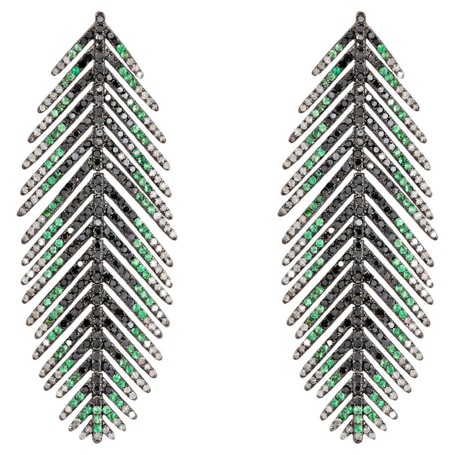 Feather Earrings in 18k  Gold, Silver, Diamonds and Tsavorites For Sale