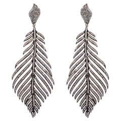 Feather Earrings in 18k White Gold, Silver, Diamonds and Enamel