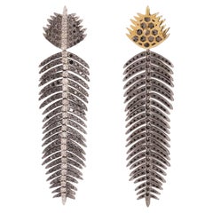 Feather Earrings in 18k White Gold, Silver, Diamonds and Enamel