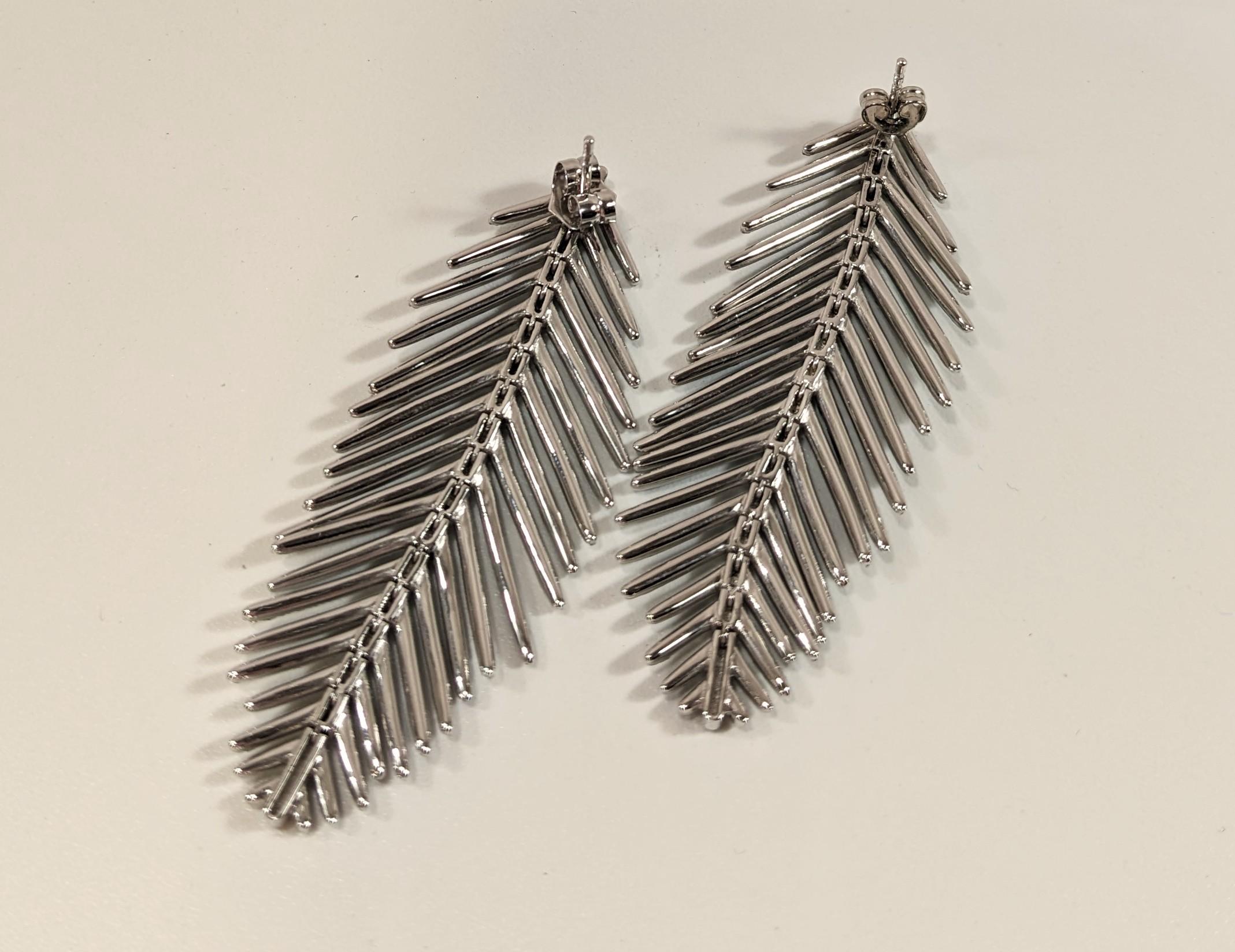 Contemporary Feather Earrings in 18k White Gold, Silver, Diamonds and Enamel For Sale