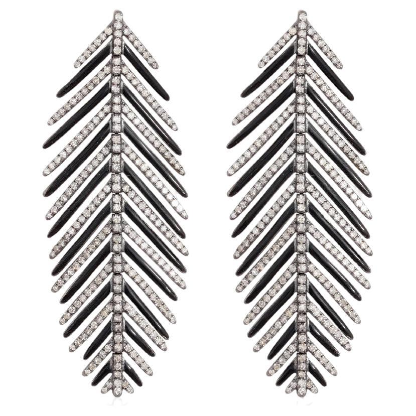 Feather Earrings in 18k White Gold, Silver, Diamonds and Enamel For Sale