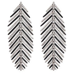 Feather Earrings in 18k White Gold, Silver, Diamonds and Enamel
