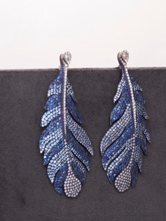 Feather Earrings in Gold, Titanium, Diamond, Blue Sapphire & Aqua