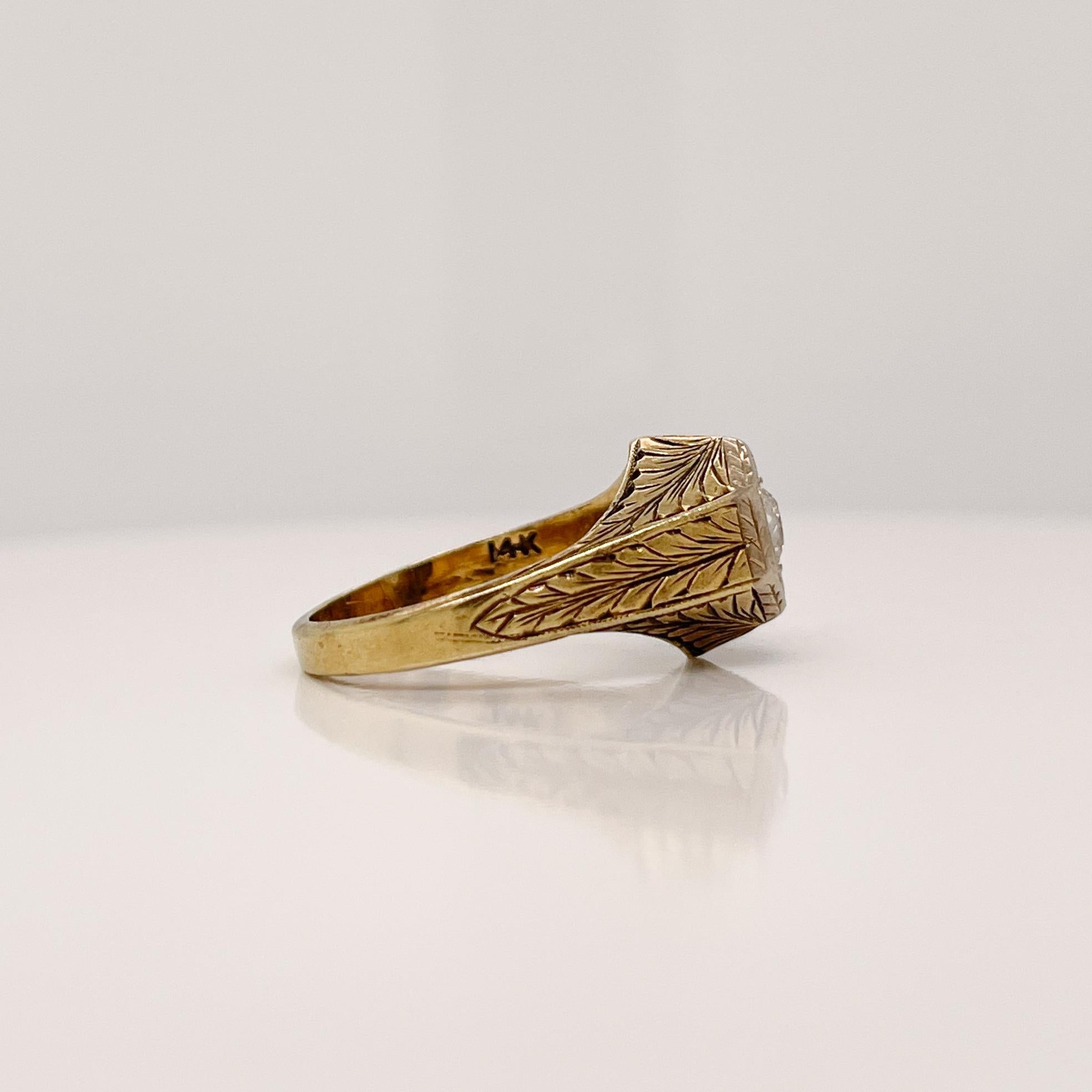 Edwardian Feather Engraved 14 Karat Gold & Old European Cut Diamond Ring For Sale 3